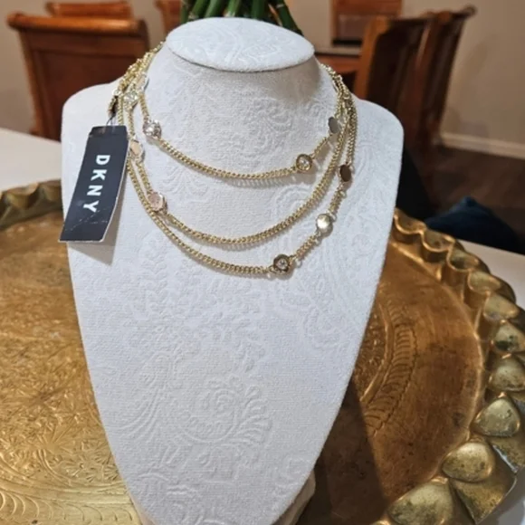 DKNY Tri Tone Crystal & Logo Disc 42" Statement Necklace - Picture 4 of 10